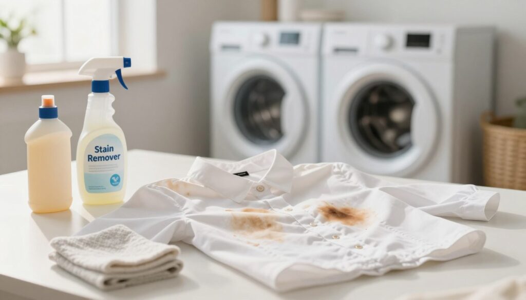 A well-lit, inviting laundry room scene, featuring a white blouse laid flat on a clean surface, showcasing foundation stains around the collar and sleeves. In the foreground, a variety of gentle stain removal products, such as a spray bottle labeled "Stain Remover" and a cloth, are arranged strategically. The middle background shows a soft, blurred washing machine and neatly organized cleaning supplies. Warm, natural light filters in from a nearby window, casting a comforting glow. The atmosphere is calm and educational, illustrating a focus on safe and effective stain removal methods. Capture this scene with a shallow depth of field, emphasizing the blouse while keeping the background soft and unobtrusive, creating a professional and aspirational mood.