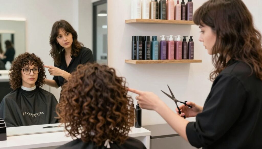 A well-lit, professional hair salon environment with a focus on a stylist consulting a client. The client has medium-length, fine, curly hair and is wearing stylish glasses, showcasing various face shapes around her. The stylist, in a smart casual outfit, is holding a pair of scissors and pointing toward a mirror that reflects the client's thoughtful expression as she considers a fringe. The background features an array of hair products neatly organized on shelves, with soft, diffused lighting creating an inviting atmosphere. The composition captures a moment of curiosity and transformation, highlighting the careful consideration needed when choosing a hairstyle.