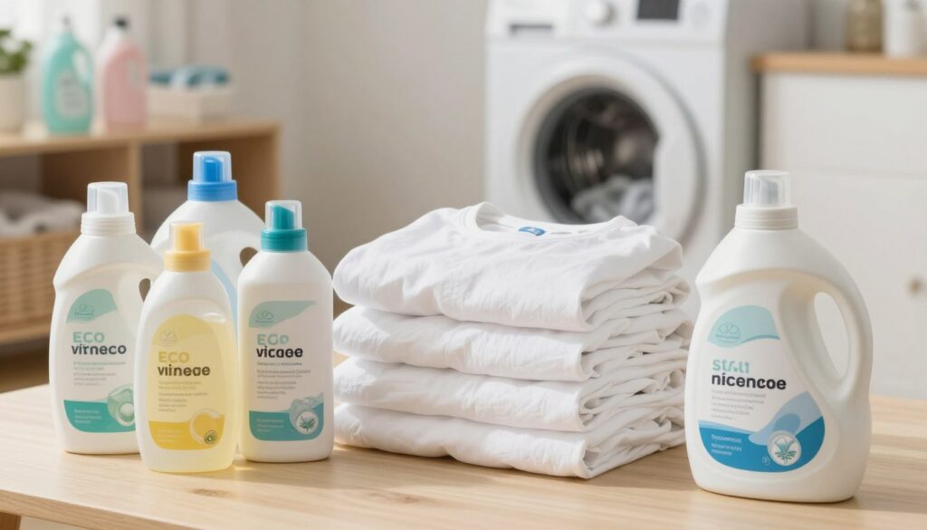 A well-organized, inviting scene focusing on laundry washing agents. In the foreground, a variety of eco-friendly laundry detergents in sleek, modern bottles, some with clear labels showcasing their ingredients like vinegar and baking soda. In the middle, a pile of freshly laundered white shirts, neatly folded, emphasizing their brightness and cleanliness. In the background, a soft-lit laundry room setting featuring a washing machine and shelves with laundry supplies, bathed in warm, natural light to create a cozy atmosphere. The image should evoke a sense of freshness and care for fabric, highlighting the importance of choosing the right products without causing damage. Capture this scene from a slightly elevated angle to encompass the entire layout harmoniously.