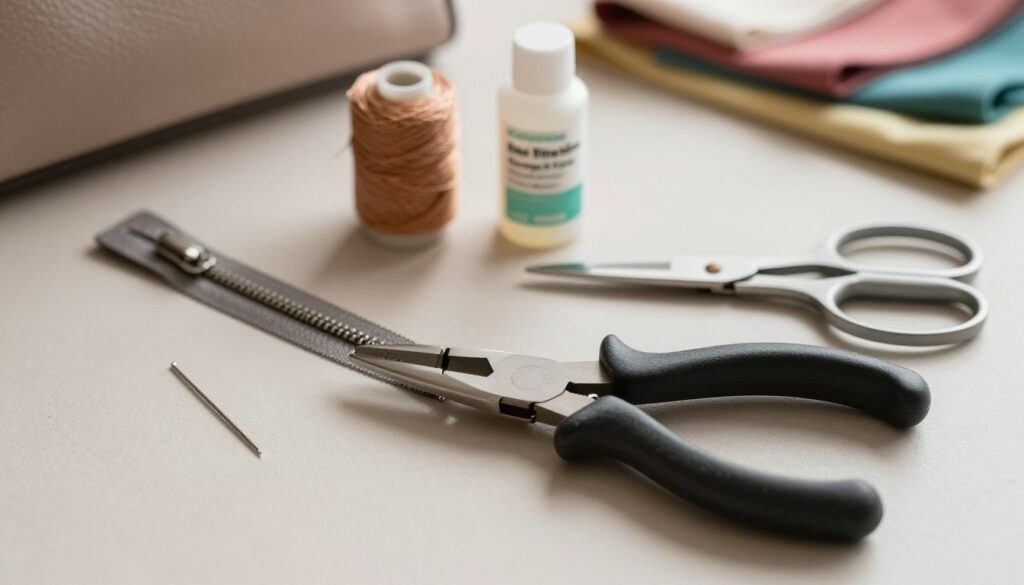 A well-organized layout of essential tools for repairing a zipper in a handbag, including a pair of pliers, a needle and thread, zipper lubricant, small scissors, and a seam ripper. The tools are displayed on a soft, neutral-toned surface to create a harmonious atmosphere. In the foreground, the pliers are strategically positioned, gleaming under soft diffused lighting that creates gentle shadows, emphasizing their metallic texture. The background is slightly blurred, showcasing a cozy, inviting workspace with a glimpse of colorful fabric swatches. The overall mood is practical and approachable, illustrating a DIY spirit while maintaining a clean and professional aesthetic. A well-organized layout of essential tools for repairing a zipper in a handbag, including a pair of pliers, a needle and thread, zipper lubricant, small scissors, and a seam ripper. The tools are displayed on a soft, neutral-toned surface to create a harmonious atmosphere. In the foreground, the pliers are strategically positioned, gleaming under soft diffused lighting that creates gentle shadows, emphasizing their metallic texture. The background is slightly blurred, showcasing a cozy, inviting workspace with a glimpse of colorful fabric swatches. The overall mood is practical and approachable, illustrating a DIY spirit while maintaining a clean and professional aesthetic.