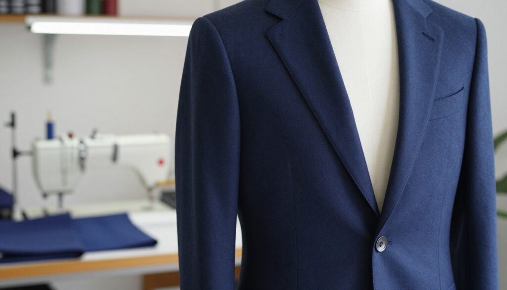 A well-tailored blazer without shoulder pads displayed on a mannequin, showcasing its sleek silhouette. The fabric is a rich navy blue wool with subtle texture, exuding sophistication. In the foreground, a close-up view of the blazer's interior reveals meticulous stitching and the absence of padding, emphasizing a tailored fit. The middle ground features a soft, diffused light illuminating the blazer, giving it a polished look, while a blurred workshop environment serves as the background, with sewing tools and fabric swatches adding context. The atmosphere is professional and inviting, capturing the essence of style and comfort. The angle is slightly elevated, focusing on the blazer to highlight its transformation. A well-tailored blazer without shoulder pads displayed on a mannequin, showcasing its sleek silhouette. The fabric is a rich navy blue wool with subtle texture, exuding sophistication. In the foreground, a close-up view of the blazer's interior reveals meticulous stitching and the absence of padding, emphasizing a tailored fit. The middle ground features a soft, diffused light illuminating the blazer, giving it a polished look, while a blurred workshop environment serves as the background, with sewing tools and fabric swatches adding context. The atmosphere is professional and inviting, capturing the essence of style and comfort. The angle is slightly elevated, focusing on the blazer to highlight its transformation.