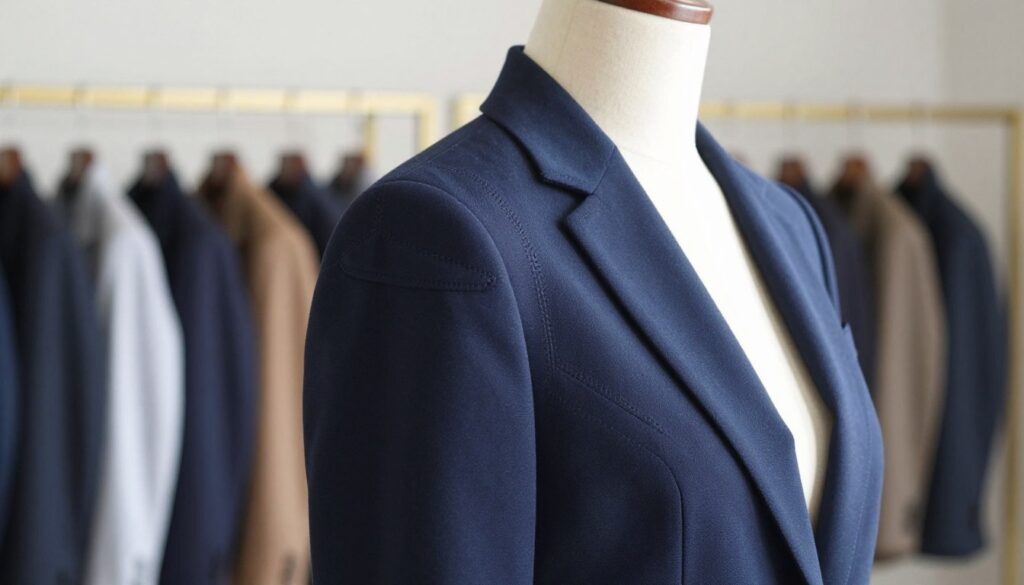 A well-tailored woman's blazer showcased on a mannequin, emphasizing the shoulder area to highlight the importance of shoulder structure in fit. The blazer is a stylish deep navy blue with a soft sheen, ideal for a professional setting. The foreground features the blazer's intricate stitching and structured shoulder pads, conveying quality craftsmanship. In the middle ground, there's a blurred backdrop of a chic clothing rack filled with various blazers, creating an inviting atmosphere. Soft, natural lighting spills in from the side, casting gentle shadows and enhancing the fabric's texture. The composition should be captured at a slight angle, giving depth and focus to the blazer's shoulders, while keeping the overall mood elegant and polished.