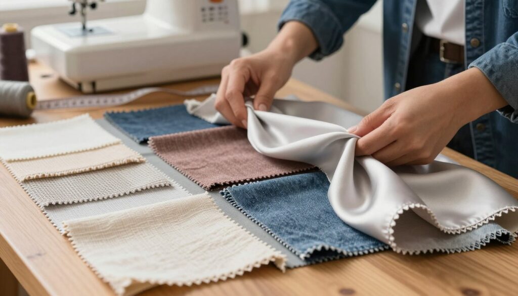 An assortment of fabric swatches in various textures and colors, neatly arranged on a wooden table. The foreground features a close-up of soft cotton, silky satin, and durable denim, showcasing their unique weave patterns. In the middle, a pair of professional hands delicately handles the fabrics, demonstrating the importance of material selection while wearing smart casual clothing. The background includes a softly blurred sewing machine and a measuring tape, hinting at the crafting process. Warm, natural lighting floods the scene, creating an inviting atmosphere that emphasizes the comfort and suitability of different materials. The focus is on the textures and colors, highlighting the significance of fabric choice in clothing adjustments without distractions. An assortment of fabric swatches in various textures and colors, neatly arranged on a wooden table. The foreground features a close-up of soft cotton, silky satin, and durable denim, showcasing their unique weave patterns. In the middle, a pair of professional hands delicately handles the fabrics, demonstrating the importance of material selection while wearing smart casual clothing. The background includes a softly blurred sewing machine and a measuring tape, hinting at the crafting process. Warm, natural lighting floods the scene, creating an inviting atmosphere that emphasizes the comfort and suitability of different materials. The focus is on the textures and colors, highlighting the significance of fabric choice in clothing adjustments without distractions.