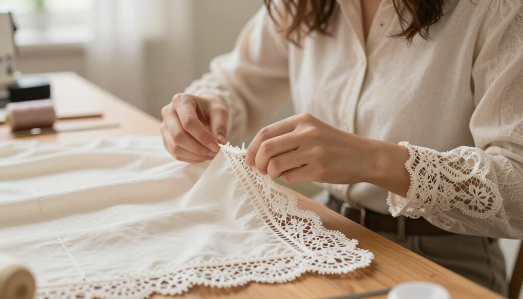An elegant close-up of lace sleeve edges, showcasing intricate detailing and the finishing techniques used for cuffs. The foreground features a beautifully crafted lace hem with delicate patterns and precise stitching, highlighting the comfort and durability of the seams. In the middle ground, a skilled seamstress in modest casual clothing is carefully inspecting the lace attachment to a dress, demonstrating craftsmanship and attention to detail. The background is softly blurred to emphasize the lace work, with warm, diffused natural light illuminating the fabric for a cozy, inviting atmosphere. A wooden sewing table with tools and threads subtly decorates the scene, evoking a creative and artisanal feel. The overall mood is focused and professional, capturing the elegance of refined sewing techniques. An elegant close-up of lace sleeve edges, showcasing intricate detailing and the finishing techniques used for cuffs. The foreground features a beautifully crafted lace hem with delicate patterns and precise stitching, highlighting the comfort and durability of the seams. In the middle ground, a skilled seamstress in modest casual clothing is carefully inspecting the lace attachment to a dress, demonstrating craftsmanship and attention to detail. The background is softly blurred to emphasize the lace work, with warm, diffused natural light illuminating the fabric for a cozy, inviting atmosphere. A wooden sewing table with tools and threads subtly decorates the scene, evoking a creative and artisanal feel. The overall mood is focused and professional, capturing the elegance of refined sewing techniques.