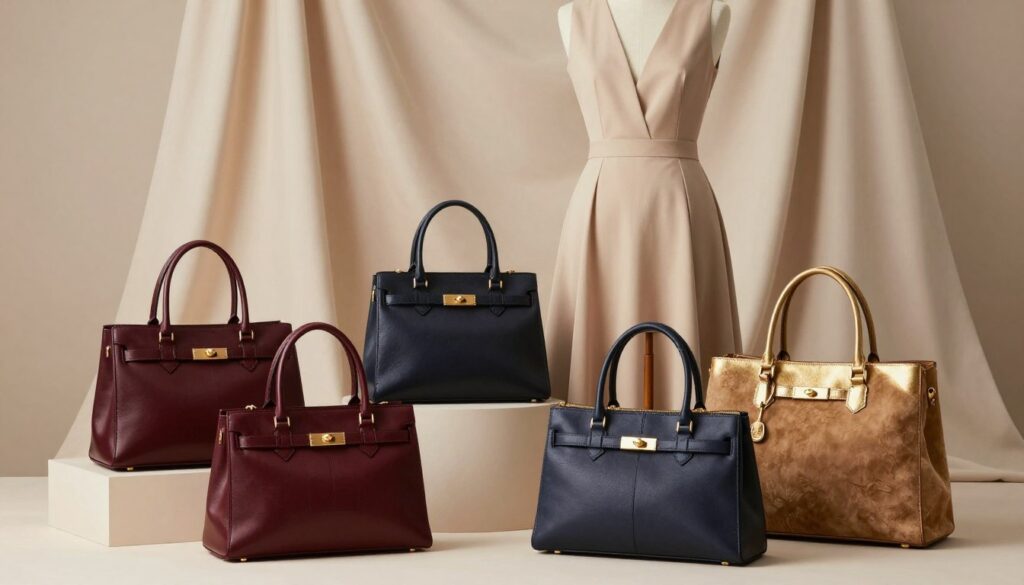 An elegant collection of handbag styles arranged artistically around a sophisticated beige dress displayed on a wooden mannequin. The foreground features a variety of luxurious bags made from rich materials like leather and suede, showcasing colors such as deep burgundy, classic navy, and muted gold. In the middle ground, the mannequin stands against a soft, elegant backdrop of draped fabric in warm tones, with natural light illuminating the scene to create a soft glow. A slight bokeh effect enhances the luxurious atmosphere, drawing focus to the handbags which embody a sense of luxury and style. The overall mood is chic and refined, perfect for a fashion-forward audience.