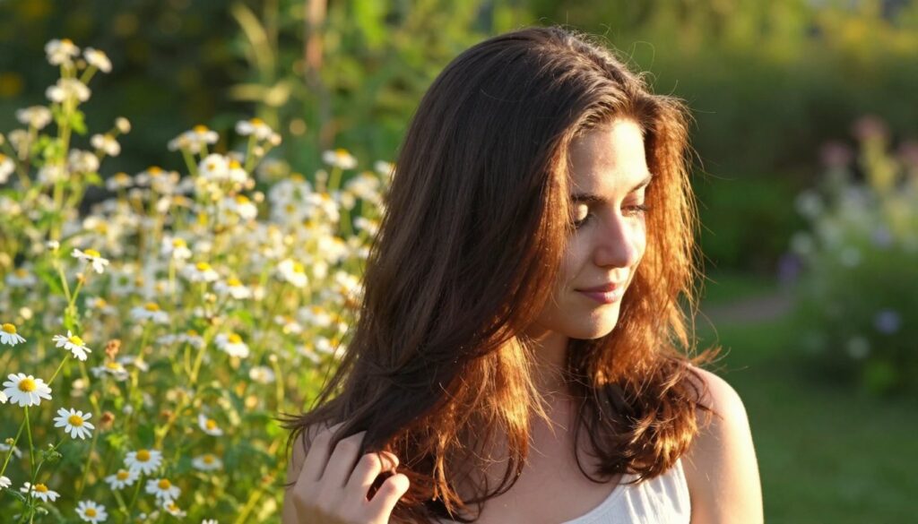 Sunlit hair transformation, showcasing the effects of chamomile on hair lightening. In the foreground, a woman with mid-long, naturally dark brown hair, gently cascading over her shoulders, stands in a serene garden setting. Her hair reflects warm, golden highlights, suggesting a soft, subtle lightening effect. The middle ground features vibrant chamomile flowers in full bloom, emphasizing the natural source of the lightening effect. The background presents a blurred, soft-focus view of lush green foliage, enhancing the dreamy atmosphere. The lighting is warm and natural, mimicking late afternoon sun, creating a soothing and inviting mood. The camera angle is slightly elevated, capturing the subject's expression of contentment and confidence as she admires her hair.