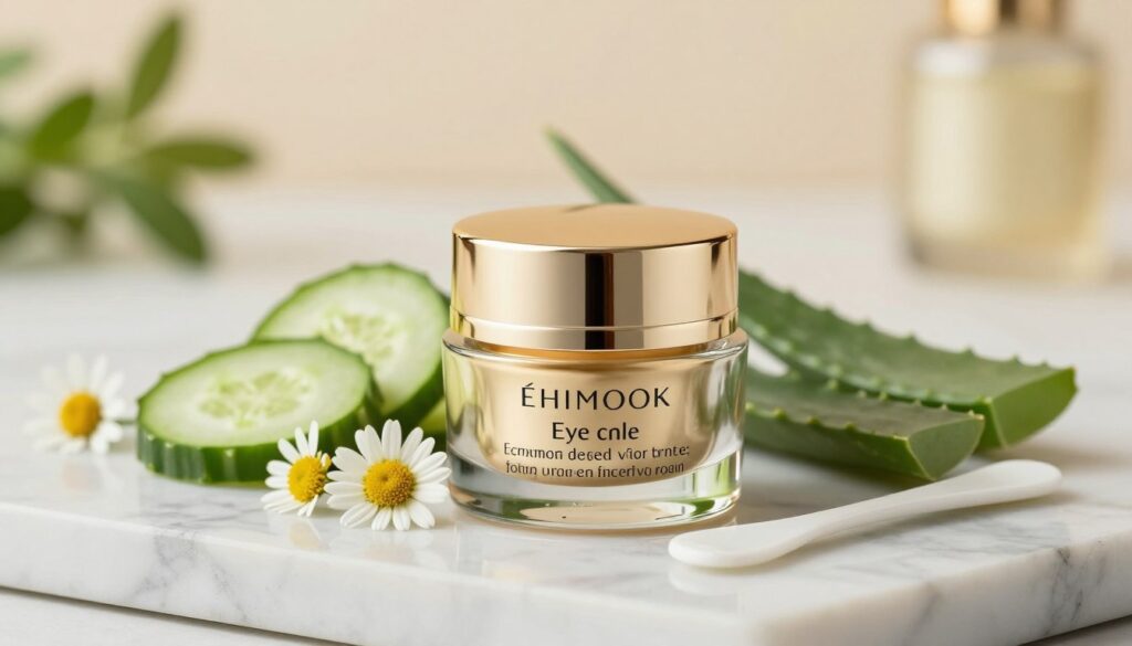 A beautifully arranged beauty product display featuring a luxurious eye cream (krem pod oczy) in an elegant glass jar with a golden lid, set on a marble countertop. In the foreground, the focus is on the eye cream jar, with a small spatula beside it. In the middle ground, delicate skincare ingredients like cucumber slices, chamomile flowers, and aloe leaves artfully placed around the jar. The background showcases soft-focus warm lighting, giving a serene and inviting atmosphere, with hints of greenery to evoke freshness. The image captures a sense of tranquility and sophistication, appealing to individuals seeking solutions for dark circles, puffiness, and fine lines. The composition is clean and professional, perfect for a skincare article.