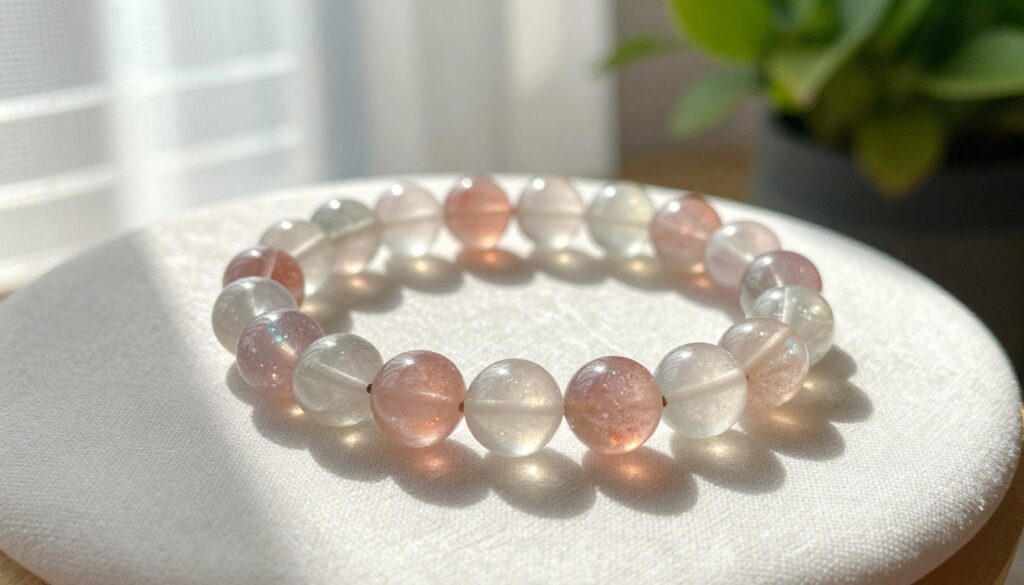 A beautifully arranged close-up of a delicate "żyłka" bracelet resting on a soft, textured fabric surface, surrounded by gentle daylight filtering through a sheer curtain. The bracelet should feature vibrant, shimmering beads reflecting light, showcasing its flexibility and elegance. In the background, a hint of fresh greenery can be seen, evoking a sense of freshness and nature. The lighting should enhance the glimmer of the beads, creating a dreamy and inviting atmosphere. Capture the image from a slightly elevated angle to emphasize the bracelet's design and texture, while keeping the focus sharp on the foreground and softly blurring the background for depth.