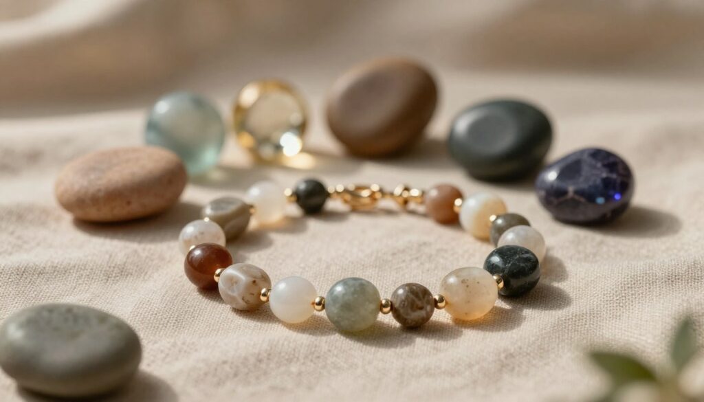 A beautifully arranged composition of symbolic stones, each carrying distinct meanings, laid on a soft, natural linen fabric. In the foreground, a delicate bransoletka (bracelet) is intertwined with the stones, showcasing a harmony of subtle elegance and craftsmanship. The middle ground features an assortment of colorful gemstones reflecting light in a refined, artistic display, symbolizing various aspects of modern design. The background softly blurs into earthy tones, suggesting a serene atmosphere that highlights the connection between nature and modern jewelry. The lighting is warm and inviting, creating gentle highlights and shadows, evoking a sense of calm and sophistication. The scene captures the essence of contemporary jewelry design infused with meaningful symbolism.