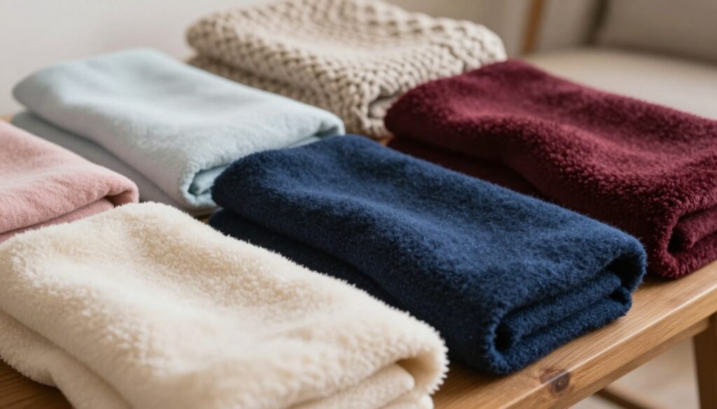A beautifully arranged display of various fabrics suitable for winter blankets, showcasing their textures and colors. In the foreground, focus on a soft, plush, fleece fabric in warm cream, contrasting with a cozy woolen material in deep navy blue. In the middle ground, include a lighter cotton blend in soft pastels and a luxurious minky fabric in rich burgundy, all laid out on a wooden table with a cozy knit blanket in the background. Soft, diffused natural light bathes the scene, creating a warm and inviting atmosphere, with a shallow depth of field that softly blurs the background. The setting evokes a feeling of comfort and warmth, perfect for a winter stroll. No text or branding present. A beautifully arranged display of various fabrics suitable for winter blankets, showcasing their textures and colors. In the foreground, focus on a soft, plush, fleece fabric in warm cream, contrasting with a cozy woolen material in deep navy blue. In the middle ground, include a lighter cotton blend in soft pastels and a luxurious minky fabric in rich burgundy, all laid out on a wooden table with a cozy knit blanket in the background. Soft, diffused natural light bathes the scene, creating a warm and inviting atmosphere, with a shallow depth of field that softly blurs the background. The setting evokes a feeling of comfort and warmth, perfect for a winter stroll. No text or branding present.