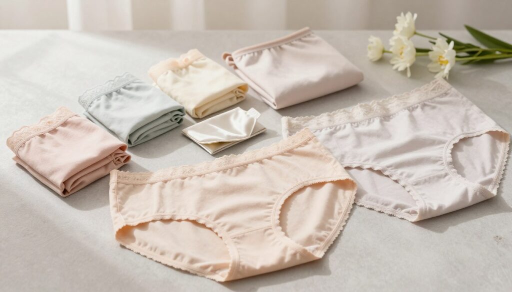 A beautifully arranged flat lay display of women's innerwear designed for comfort and hygiene under a bodysuit, featuring a variety of seamless panties made from breathable fabrics like cotton and lace. The foreground showcases elegant, pastel-colored panties with smooth finishes, neatly folded next to a light, airy bodysuit. In the middle, delicate accessories such as a small silk pouch for storage and fresh flowers add a touch of sophistication. The background is softly blurred with a subtle texture to create a calming atmosphere. Natural, diffused lighting casts gentle shadows, enhancing the fabrics’ textures and the overall elegant mood, while capturing the essence of comfort and hygiene in intimate wear without compromising professionalism.