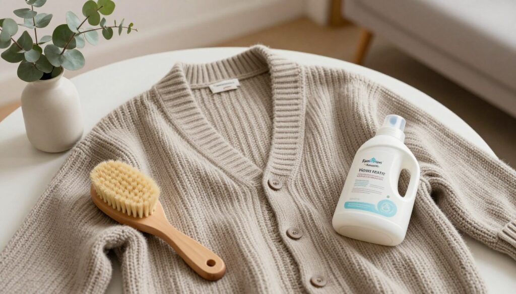 A beautifully arranged flat lay image featuring a cozy cardigan made from high-quality knitwear, with soft textures and earthy tones. Surrounding the cardigan are essential care items, including a gentle fabric brush, a delicate wool detergent, and a small vase of fresh eucalyptus for a natural touch. In the background, a blurred cozy living room setting with warm lighting enhances the inviting atmosphere. The scene captures a modern and stylish approach to knitwear care, emphasizing the importance of longevity through proper maintenance. Soft, diffused natural light highlights the textures, creating an elegant and serene mood. The angle is slightly overhead, focusing on the cardigan and care items while softly blurring the background for depth. No text or captions are included. A beautifully arranged flat lay image featuring a cozy cardigan made from high-quality knitwear, with soft textures and earthy tones. Surrounding the cardigan are essential care items, including a gentle fabric brush, a delicate wool detergent, and a small vase of fresh eucalyptus for a natural touch. In the background, a blurred cozy living room setting with warm lighting enhances the inviting atmosphere. The scene captures a modern and stylish approach to knitwear care, emphasizing the importance of longevity through proper maintenance. Soft, diffused natural light highlights the textures, creating an elegant and serene mood. The angle is slightly overhead, focusing on the cardigan and care items while softly blurring the background for depth. No text or captions are included.