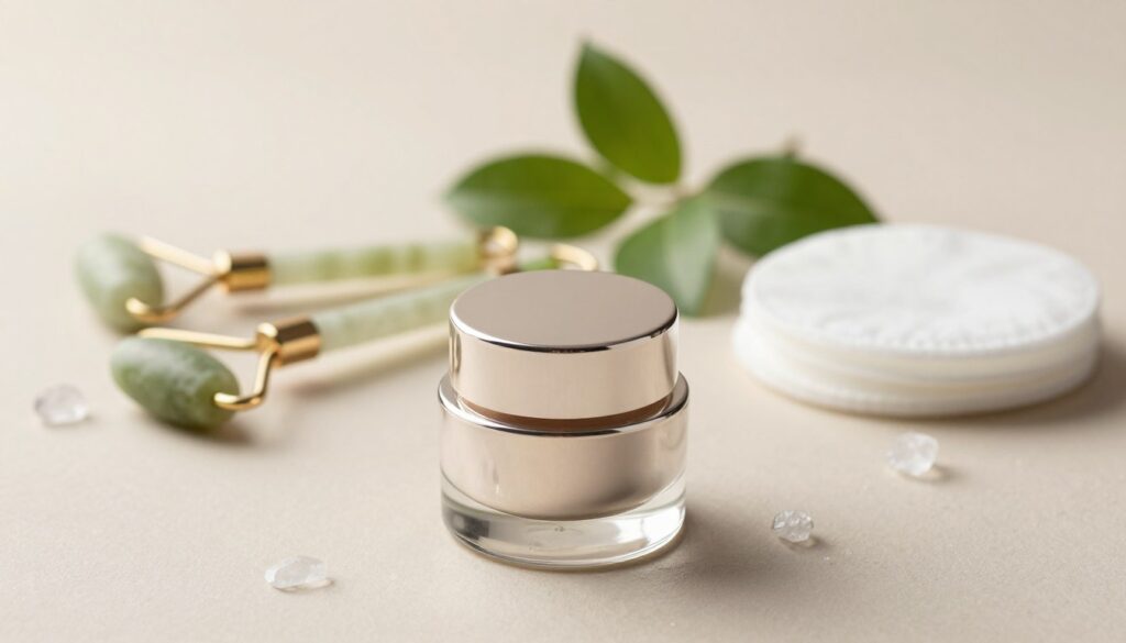 A beautifully arranged flat lay of an elegant eye cream jar prominently placed in the foreground, surrounded by delicate skincare tools like jade rollers and cotton pads. The eye cream jar should be sleek and modern, with a shiny glass finish reflecting soft, diffused lighting. In the middle ground, include a few fresh green leaves and small crystals to evoke a sense of natural ingredients and wellness. The background should be a softly blurred neutral tone to create a calming atmosphere. The lighting should mimic a gentle morning light, adding warmth to the scene. The overall mood should feel serene and inviting, emphasizing the importance of thoughtful skincare choices tailored to individual needs. A beautifully arranged flat lay of an elegant eye cream jar prominently placed in the foreground, surrounded by delicate skincare tools like jade rollers and cotton pads. The eye cream jar should be sleek and modern, with a shiny glass finish reflecting soft, diffused lighting. In the middle ground, include a few fresh green leaves and small crystals to evoke a sense of natural ingredients and wellness. The background should be a softly blurred neutral tone to create a calming atmosphere. The lighting should mimic a gentle morning light, adding warmth to the scene. The overall mood should feel serene and inviting, emphasizing the importance of thoughtful skincare choices tailored to individual needs.