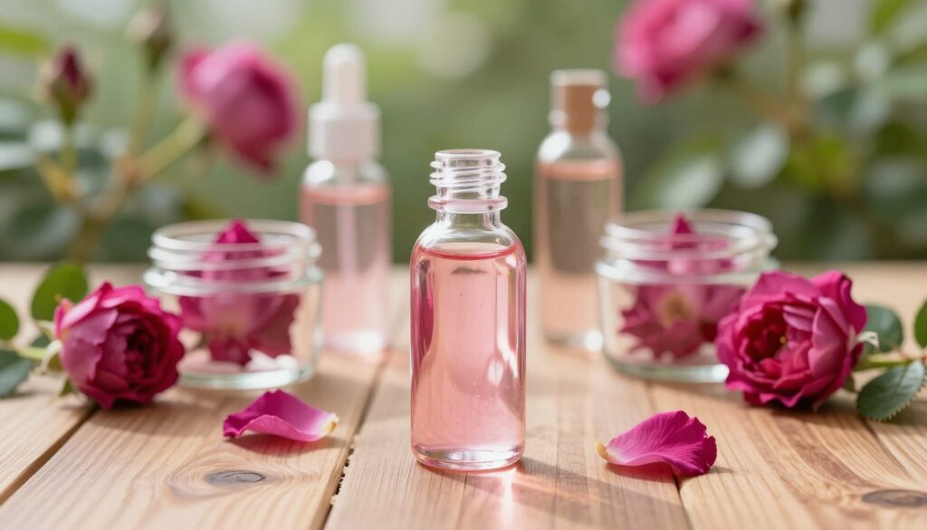 A beautifully arranged scene featuring a bottle of rose water, delicately sitting on a polished wooden table. In the foreground, focus on the elegant glass bottle, filled with clear, shimmering rose water, reflecting soft natural light. Surround the bottle with fresh, vibrant rose petals and a few green leaves to emphasize the natural ingredients. In the middle ground, place delicate, translucent glass jars holding additional rose-infused beauty products, showcasing the versatility of rose water in skincare. The background should softly blur into an inviting, sunlit garden with blooming roses, creating a harmonious atmosphere. Use soft, diffused lighting to add a calming, serene mood, with a macro lens perspective to highlight the intricate details. Aim for a clean and fresh aesthetic, perfect for representing beauty and freshness.