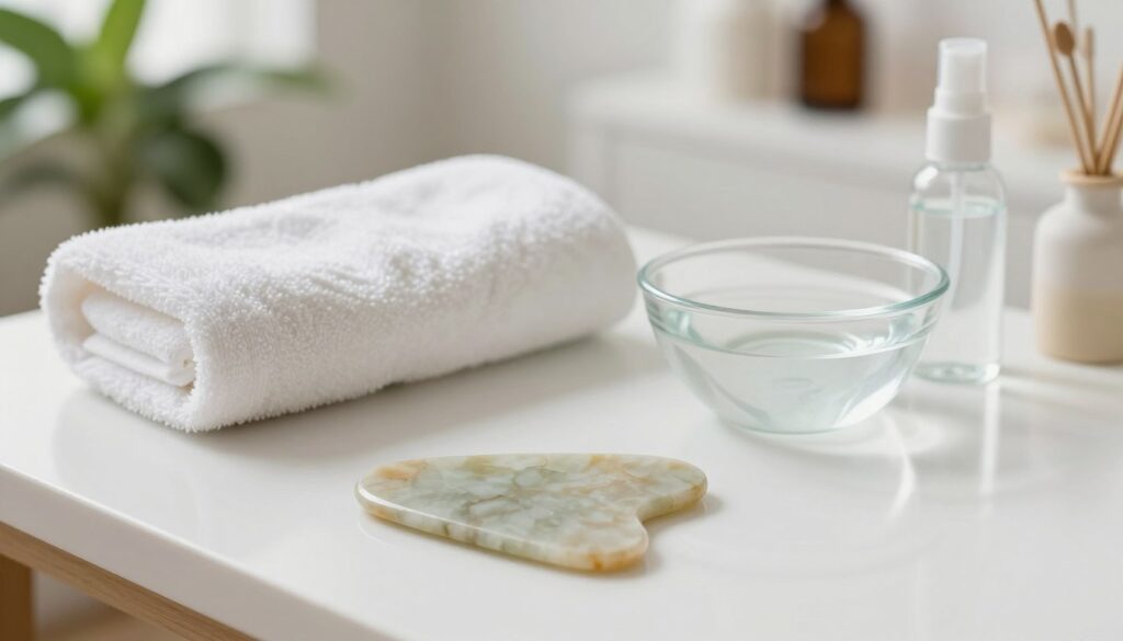 A beautifully arranged scene featuring a clean, sterile environment for gua sha face massage tools. In the foreground, a crystal gua sha tool rests elegantly on a pristine white countertop, showcasing its smooth, translucent surface and natural stone patterns. The middle ground displays neatly organized accessories like a soft towel, a small bowl of clean water, and a spray bottle of disinfectant for hygiene. In the background, soft-focus plants and calming decor elements create a serene atmosphere, with gentle, diffused natural light illuminating the scene. The mood is tranquil and professional, emphasizing cleanliness and care in facial massage practices. The composition should evoke a sense of relaxation and devotion to skin health, embodying the theme of hygiene in beauty routines.