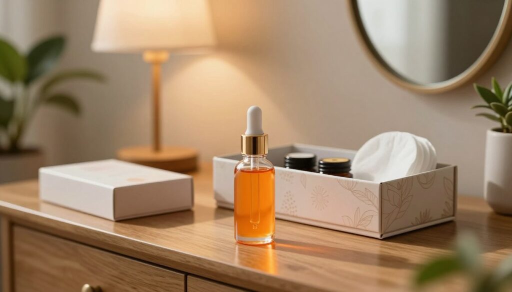 A beautifully arranged scene focused on storage tips for vitamin C serums. In the foreground, an elegant glass dropper bottle filled with a vibrant orange serum catches the soft light, showcasing its rich color. Beside it, a simple, stylish storage box adorned with minimalist patterns sits open, revealing cotton pads and small jars. In the middle ground, a wooden vanity table reflects a warm glow from a softly lit lamp. The background features a lush indoor plant and a delicate mirror that adds a sense of serenity to the atmosphere. The overall mood is calming and inviting, emphasizing the importance of proper serum storage. The lighting is warm, with soft shadows creating depth, while a shallow depth of field focuses on the serum in the foreground. A beautifully arranged scene focused on storage tips for vitamin C serums. In the foreground, an elegant glass dropper bottle filled with a vibrant orange serum catches the soft light, showcasing its rich color. Beside it, a simple, stylish storage box adorned with minimalist patterns sits open, revealing cotton pads and small jars. In the middle ground, a wooden vanity table reflects a warm glow from a softly lit lamp. The background features a lush indoor plant and a delicate mirror that adds a sense of serenity to the atmosphere. The overall mood is calming and inviting, emphasizing the importance of proper serum storage. The lighting is warm, with soft shadows creating depth, while a shallow depth of field focuses on the serum in the foreground.