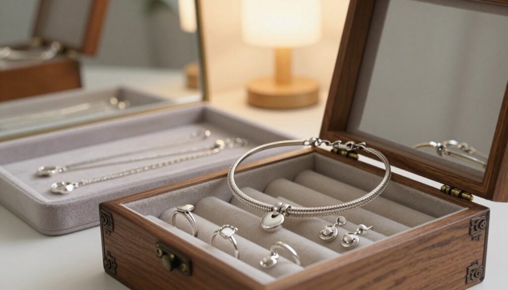 A beautifully arranged scene of jewelry storage at home, showcasing a silver double choker prominently displayed among neatly organized jewelry. In the foreground, focus on an elegant wooden jewelry box with intricate carvings, opened to reveal various pieces, including rings, earrings, and the choker. In the middle, a soft velvet tray holds delicate necklaces, including the highlighted choker, with its shimmering silver catching the light. In the background, a softly lit dressing table reflects a mirror, adorned with a stylish lamp that casts warm, inviting light. The overall atmosphere conveys a sense of elegance and organization, perfect for showcasing trendy accessories. Use natural, diffused lighting for a cozy and intimate mood, emphasizing the beauty of the silver jewelry. A beautifully arranged scene of jewelry storage at home, showcasing a silver double choker prominently displayed among neatly organized jewelry. In the foreground, focus on an elegant wooden jewelry box with intricate carvings, opened to reveal various pieces, including rings, earrings, and the choker. In the middle, a soft velvet tray holds delicate necklaces, including the highlighted choker, with its shimmering silver catching the light. In the background, a softly lit dressing table reflects a mirror, adorned with a stylish lamp that casts warm, inviting light. The overall atmosphere conveys a sense of elegance and organization, perfect for showcasing trendy accessories. Use natural, diffused lighting for a cozy and intimate mood, emphasizing the beauty of the silver jewelry.