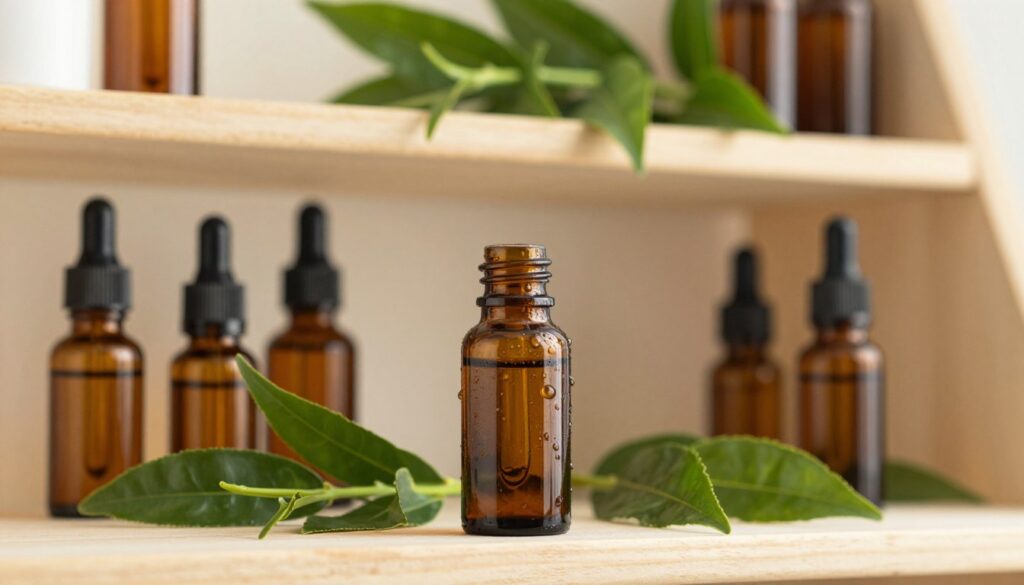 A beautifully arranged shelf displaying a small amber glass bottle of tea tree oil, with droplets glistening on its surface. The foreground features various sizes of glass dropper bottles surrounded by fresh green tea tree leaves, emphasizing the product's natural essence. In the middle background, a softly lit wooden shelf adds warmth, with subtle reflections of natural light creating a serene atmosphere. A soft-focus green plant is visible in the upper background, lending freshness to the scene. The lighting is soft and warm, evoking a calming and clean environment, perfect for illustrating storage conditions to maintain the oil's longevity. The entire composition underscores the purity and effectiveness of tea tree oil for skin care, while remaining visually appealing. A beautifully arranged shelf displaying a small amber glass bottle of tea tree oil, with droplets glistening on its surface. The foreground features various sizes of glass dropper bottles surrounded by fresh green tea tree leaves, emphasizing the product's natural essence. In the middle background, a softly lit wooden shelf adds warmth, with subtle reflections of natural light creating a serene atmosphere. A soft-focus green plant is visible in the upper background, lending freshness to the scene. The lighting is soft and warm, evoking a calming and clean environment, perfect for illustrating storage conditions to maintain the oil's longevity. The entire composition underscores the purity and effectiveness of tea tree oil for skin care, while remaining visually appealing.