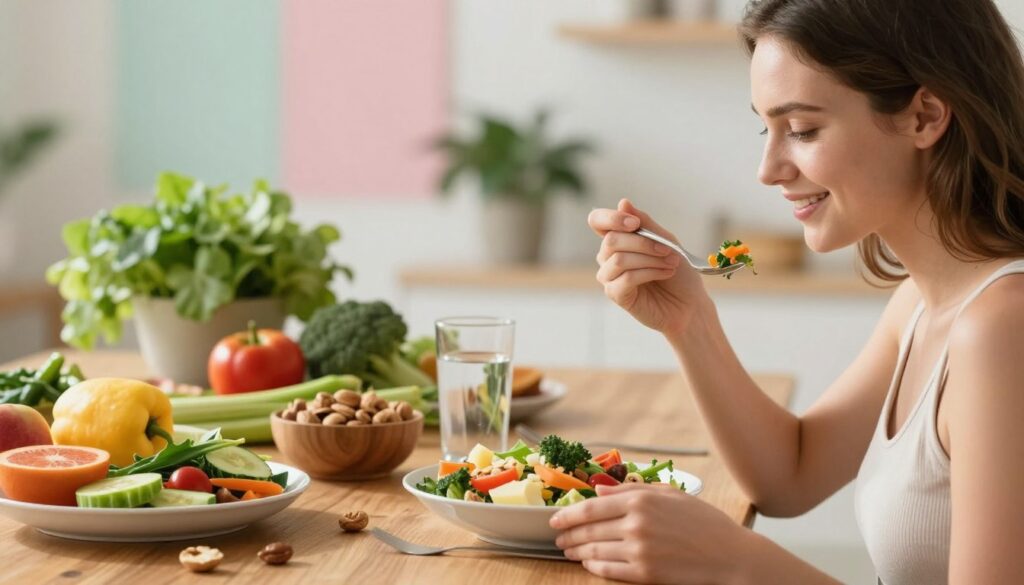 A beautifully arranged table featuring a variety of colorful, fresh foods symbolizing a healthy diet, including fruits, vegetables, nuts, and a glass of water to represent hydration. In the foreground, a young woman with radiant skin enjoys a healthy meal, gently smiling to convey wellness. Natural light illuminates her face, casting a warm glow, creating an inviting and uplifting atmosphere. In the middle, lush green plants and natural wooden textures enhance the connection to nature and health. In the background, blurred out, there are soft pastel colors to keep the focus on the subject. The scene is shot from a slight angle to create depth, emphasizing the importance of diet and hydration in achieving a glowing complexion while fostering a serene and uplifting mood. A beautifully arranged table featuring a variety of colorful, fresh foods symbolizing a healthy diet, including fruits, vegetables, nuts, and a glass of water to represent hydration. In the foreground, a young woman with radiant skin enjoys a healthy meal, gently smiling to convey wellness. Natural light illuminates her face, casting a warm glow, creating an inviting and uplifting atmosphere. In the middle, lush green plants and natural wooden textures enhance the connection to nature and health. In the background, blurred out, there are soft pastel colors to keep the focus on the subject. The scene is shot from a slight angle to create depth, emphasizing the importance of diet and hydration in achieving a glowing complexion while fostering a serene and uplifting mood.