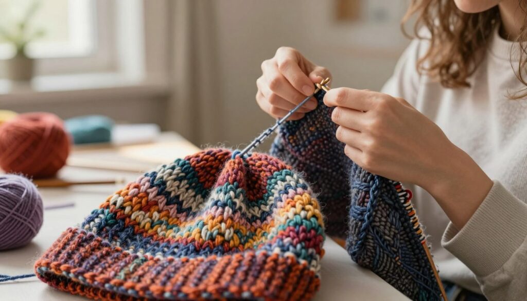A beautifully crafted knitted hat design, showcasing a variety of intricate stitch patterns suitable for different skill levels in knitting. The foreground features a close-up of the hat with vibrant yarn in rich textures like wool and alpaca, highlighting the detailed stitches. In the middle, a pair of hands in modest, casual attire is skillfully knitting the hat, illustrating the technique involved. The background is a softly blurred cozy craft room, with sunlight streaming through a window, casting warm, inviting light on the scene. The atmosphere is inspiring and creative, evoking the joy of knitting and the personal touch in handmade crafts. A beautifully crafted knitted hat design, showcasing a variety of intricate stitch patterns suitable for different skill levels in knitting. The foreground features a close-up of the hat with vibrant yarn in rich textures like wool and alpaca, highlighting the detailed stitches. In the middle, a pair of hands in modest, casual attire is skillfully knitting the hat, illustrating the technique involved. The background is a softly blurred cozy craft room, with sunlight streaming through a window, casting warm, inviting light on the scene. The atmosphere is inspiring and creative, evoking the joy of knitting and the personal touch in handmade crafts.