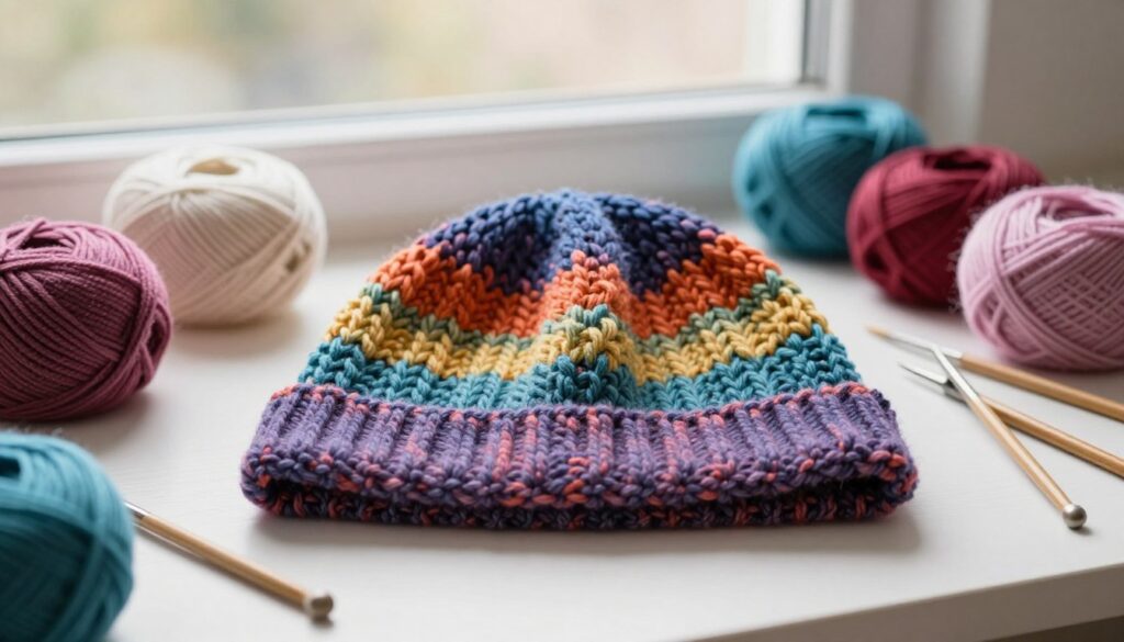 A beautifully crafted knitted hat in vibrant colors, resting on a neatly organized workspace. In the foreground, focus on the hat, showcasing intricate stitch patterns and fine details of the yarn texture. Surrounding the hat, lay out various types of yarn in soft pastels and rich jewel tones, with knitting needles in polished wood and metal, elegantly arranged. In the background, a softly blurred window allows gentle, natural light to filter through, creating a warm and inviting atmosphere that highlights the craftsmanship of knitting. The mood is peaceful and creative, ideal for a crafting environment. Ensure the image has a soft focus with a slight vignette to emphasize the details, without any text or distractions. A beautifully crafted knitted hat in vibrant colors, resting on a neatly organized workspace. In the foreground, focus on the hat, showcasing intricate stitch patterns and fine details of the yarn texture. Surrounding the hat, lay out various types of yarn in soft pastels and rich jewel tones, with knitting needles in polished wood and metal, elegantly arranged. In the background, a softly blurred window allows gentle, natural light to filter through, creating a warm and inviting atmosphere that highlights the craftsmanship of knitting. The mood is peaceful and creative, ideal for a crafting environment. Ensure the image has a soft focus with a slight vignette to emphasize the details, without any text or distractions.