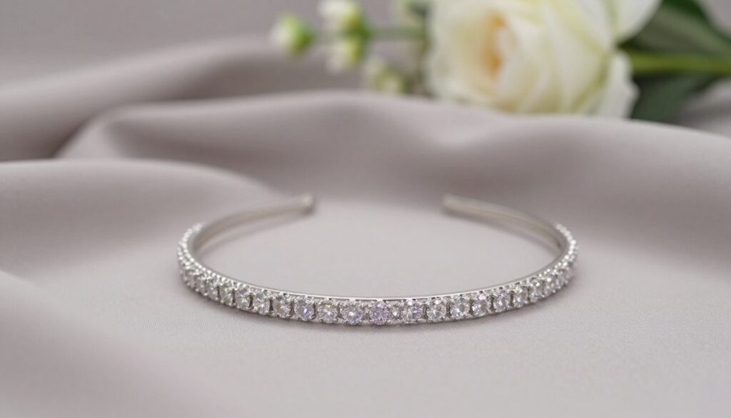 A beautifully crafted silver headband adorned with sparkling cyrkonie (cubic zirconia) crystals, showcased as the focal point in a minimalist setting. In the foreground, the headband glistens with intricate detailing, reflecting light in subtle colors. The middle ground features a softly draped fabric in muted tones, creating an elegant backdrop that complements the headband's sophistication. In the background, a blurred, softly lit floral arrangement adds a touch of romance without overpowering the main subject. The overall mood is one of refined elegance, perfect for highlighting the contrast between minimalism and ornate decoration. The lighting is soft and ethereal, capturing the essence of a wedding atmosphere, while the angle emphasizes the headband's delicate features. The composition is serene and visual harmony is paramount, evoking a sense of timeless beauty. A beautifully crafted silver headband adorned with sparkling cyrkonie (cubic zirconia) crystals, showcased as the focal point in a minimalist setting. In the foreground, the headband glistens with intricate detailing, reflecting light in subtle colors. The middle ground features a softly draped fabric in muted tones, creating an elegant backdrop that complements the headband's sophistication. In the background, a blurred, softly lit floral arrangement adds a touch of romance without overpowering the main subject. The overall mood is one of refined elegance, perfect for highlighting the contrast between minimalism and ornate decoration. The lighting is soft and ethereal, capturing the essence of a wedding atmosphere, while the angle emphasizes the headband's delicate features. The composition is serene and visual harmony is paramount, evoking a sense of timeless beauty.