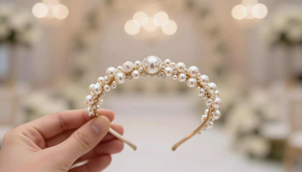 A beautifully crafted wedding hairband adorned with delicate pearls, showcasing a range of customizable design options. In the foreground, focus on the intricate details of the pearls shimmering softly under gentle lighting, creating an elegant and romantic vibe. In the middle, include a softly blurred hand holding the hairband, emphasizing the idea of personalization and choice. The background features a softly glowing, out-of-focus wedding venue, with a dreamy atmosphere enhanced by warm, ambient light. Capture the mood of anticipation and elegance associated with weddings, highlighting the versatility and charm of this exquisite hair accessory. Utilize a shallow depth of field with a slight bokeh effect to direct attention to the hairband while maintaining a soft, enchanting feel. A beautifully crafted wedding hairband adorned with delicate pearls, showcasing a range of customizable design options. In the foreground, focus on the intricate details of the pearls shimmering softly under gentle lighting, creating an elegant and romantic vibe. In the middle, include a softly blurred hand holding the hairband, emphasizing the idea of personalization and choice. The background features a softly glowing, out-of-focus wedding venue, with a dreamy atmosphere enhanced by warm, ambient light. Capture the mood of anticipation and elegance associated with weddings, highlighting the versatility and charm of this exquisite hair accessory. Utilize a shallow depth of field with a slight bokeh effect to direct attention to the hairband while maintaining a soft, enchanting feel.