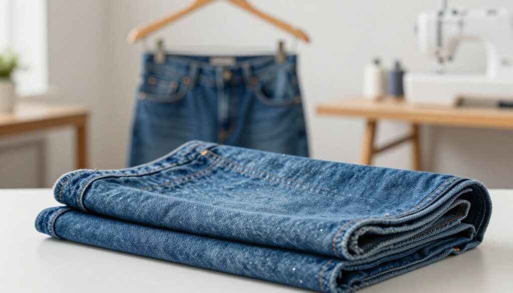 A beautifully folded piece of cotton denim fabric showcasing its texture, vibrant blue color, and intricate weave details. In the foreground, emphasize the softness and slight stretch of the material, capturing the light as it glistens subtly, reflecting its quality. The middle ground features an elegant drape of jeans hanging on a minimalist wooden hanger, demonstrating how the fabric conforms and changes shape. The background includes soft-focused elements of a cozy sewing workshop, with warm, natural lighting that creates a welcoming atmosphere. The overall mood is inviting and educational, perfect for illustrating the nuances of cotton jeans and their behavior after washing, conveying a sense of craftsmanship and quality. A beautifully folded piece of cotton denim fabric showcasing its texture, vibrant blue color, and intricate weave details. In the foreground, emphasize the softness and slight stretch of the material, capturing the light as it glistens subtly, reflecting its quality. The middle ground features an elegant drape of jeans hanging on a minimalist wooden hanger, demonstrating how the fabric conforms and changes shape. The background includes soft-focused elements of a cozy sewing workshop, with warm, natural lighting that creates a welcoming atmosphere. The overall mood is inviting and educational, perfect for illustrating the nuances of cotton jeans and their behavior after washing, conveying a sense of craftsmanship and quality.