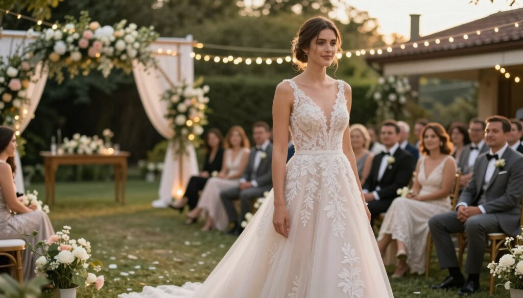 A beautifully styled wedding dress, capturing elegance and comfort, featured prominently in the foreground. The dress is a soft pastel color, with intricate lace detailing and flowing fabric, designed for a formal yet relaxed wedding atmosphere. The middle ground includes a serene outdoor wedding venue adorned with fairy lights and floral arrangements, enhancing the romantic ambiance. In the background, lush greenery and softly blurred guests dressed in tasteful formal attire create a sense of community and celebration. The lighting is warm and inviting, resembling a golden hour glow that adds a dreamy quality. The image conveys a mood of joy and sophistication, ideal for showcasing stylish wedding attire. Ensure no text or branding is included.