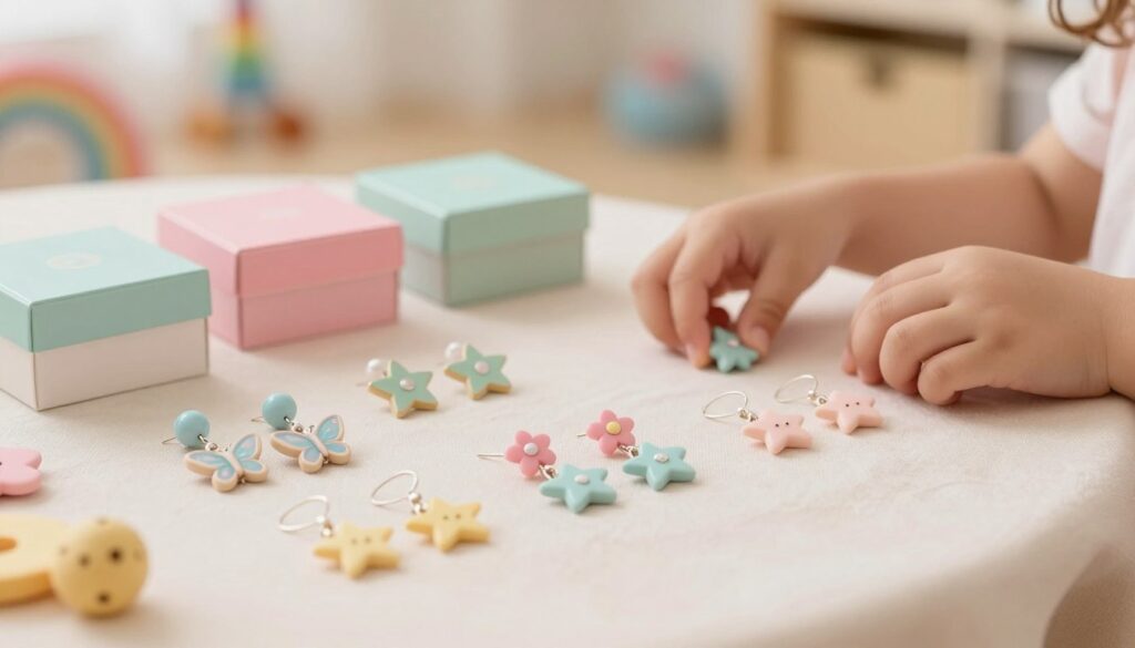 A charming display of children's earrings arranged artistically on a soft, pastel-colored fabric background. In the foreground, several pairs of delicate earrings featuring whimsical designs like butterflies, stars, and flowers, made from hypoallergenic materials, glisten softly under warm, natural lighting. The middle ground showcases a few colorful earring boxes and a pair of small children's hands gently reaching for the earrings, emphasizing safety and comfort. In the background, blurred out, are hints of a cozy children's room with toys, creating a warm and inviting atmosphere. The overall mood is playful yet nurturing, reflecting the importance of choosing safe and comfortable jewelry for young children. The image should be captured with a soft-focus lens, enhancing the gentle ambiance of childhood. A charming display of children's earrings arranged artistically on a soft, pastel-colored fabric background. In the foreground, several pairs of delicate earrings featuring whimsical designs like butterflies, stars, and flowers, made from hypoallergenic materials, glisten softly under warm, natural lighting. The middle ground showcases a few colorful earring boxes and a pair of small children's hands gently reaching for the earrings, emphasizing safety and comfort. In the background, blurred out, are hints of a cozy children's room with toys, creating a warm and inviting atmosphere. The overall mood is playful yet nurturing, reflecting the importance of choosing safe and comfortable jewelry for young children. The image should be captured with a soft-focus lens, enhancing the gentle ambiance of childhood.