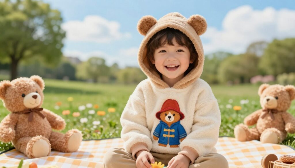 A cheerful child wearing a cozy bear-themed hoodie with Paddington Bear designs, smiling joyfully while playing in a vibrant park setting. In the foreground, the child is seated on a colorful picnic blanket, with playful teddy bears scattered around. The middle ground features a sunny, green landscape filled with soft trees and blooming flowers, creating a lively and inviting atmosphere. The background showcases a bright blue sky with fluffy white clouds, enhancing the cheerful mood. The lighting is warm and soft, casting gentle highlights on the child's face and the textures of the hoodie. The image captures the essence of children’s fashion, portraying comfort and style in a fun, engaging way. A cheerful child wearing a cozy bear-themed hoodie with Paddington Bear designs, smiling joyfully while playing in a vibrant park setting. In the foreground, the child is seated on a colorful picnic blanket, with playful teddy bears scattered around. The middle ground features a sunny, green landscape filled with soft trees and blooming flowers, creating a lively and inviting atmosphere. The background showcases a bright blue sky with fluffy white clouds, enhancing the cheerful mood. The lighting is warm and soft, casting gentle highlights on the child's face and the textures of the hoodie. The image captures the essence of children’s fashion, portraying comfort and style in a fun, engaging way.