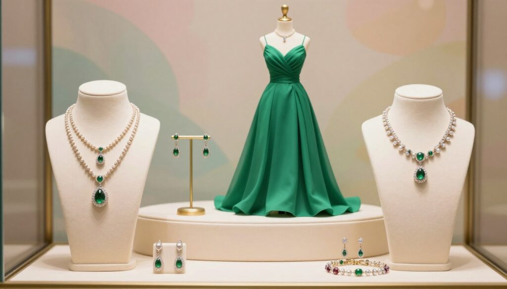 A chic jewelry display arranged thoughtfully around a beautiful green dress on a mannequin, showcasing how to select jewelry according to different beauty types. In the foreground, intricately designed necklaces, elegant earrings, and delicate bracelets are spread out, featuring various gemstones that complement the green hue of the dress. The middle layer includes the mannequin dressed in a flowing, elegant green gown, exuding sophistication. The background contains soft, blurred pastel colors, creating a dreamy atmosphere with gentle, warm lighting that enhances the elegance of the scene. The image should have a refined and classy style, inviting viewers to explore the art of accessorizing a formal outfit.