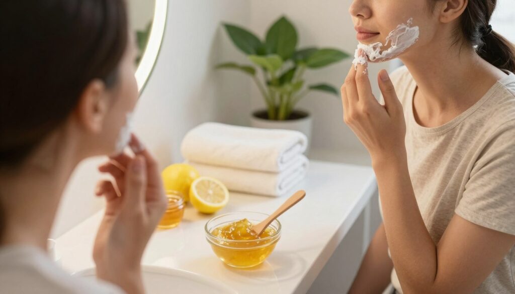 A clean and serene bathroom scene featuring a female figure wearing modest casual clothing, demonstrating the process of using sugar paste for facial hair removal. In the foreground, the woman is focused on her reflection in a well-lit mirror, applying the sugar paste to her cheek with gentle precision. The middle ground shows a small, elegantly arranged bowl of golden sugar paste, a wooden spatula, and a few natural ingredients like lemon and honey scattered artfully around. The background includes soft, warm lighting accentuating fresh towels and plants, creating a soothing atmosphere. The setting conveys a sense of relaxation and self-care, emphasizing the simplicity and effectiveness of home beauty treatments.
