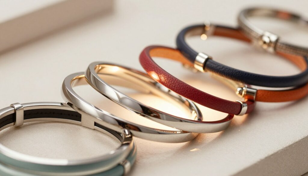 A close-up arrangement of trendy bracelet sets featuring sleek surgical steel bangles and colorful leather accents. The foreground showcases multiple bangles displayed elegantly, some stacked with varying textures and colors, reflecting modern jewelry aesthetics. In the middle, incorporate soft, glowing light that highlights the shiny metallic surfaces and rich hues, creating a sense of depth. A blurred background with a soft, neutral tone to emphasize the bracelets without distraction. The atmosphere should evoke a sense of chic fashion and sophistication, suitable for a stylish boutique. Capture the image from a slightly elevated angle, focusing on the intricate details of each bracelet, ensuring there are no humans or text present.