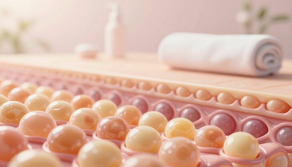 A close-up illustration of the hydrolipid barrier, showcasing its structure and function in skin protection. In the foreground, vividly detailed lipid molecules forming a protective layer, glistening softly under gentle, diffused lighting. The middle layer features a depiction of skin cells, emphasizing their health and vitality, with a focus on moisture retention. In the background, a serene spa-like setting with soft pastels, evoking a sense of calm and wellness. The atmosphere feels soothing and professional, suitable for a skincare article, with a focus on clarity and the importance of moisture balance in skin care. Capture this with a shallow depth of field to highlight the hydrolipid barrier, using a macro lens perspective. A close-up illustration of the hydrolipid barrier, showcasing its structure and function in skin protection. In the foreground, vividly detailed lipid molecules forming a protective layer, glistening softly under gentle, diffused lighting. The middle layer features a depiction of skin cells, emphasizing their health and vitality, with a focus on moisture retention. In the background, a serene spa-like setting with soft pastels, evoking a sense of calm and wellness. The atmosphere feels soothing and professional, suitable for a skincare article, with a focus on clarity and the importance of moisture balance in skin care. Capture this with a shallow depth of field to highlight the hydrolipid barrier, using a macro lens perspective.
