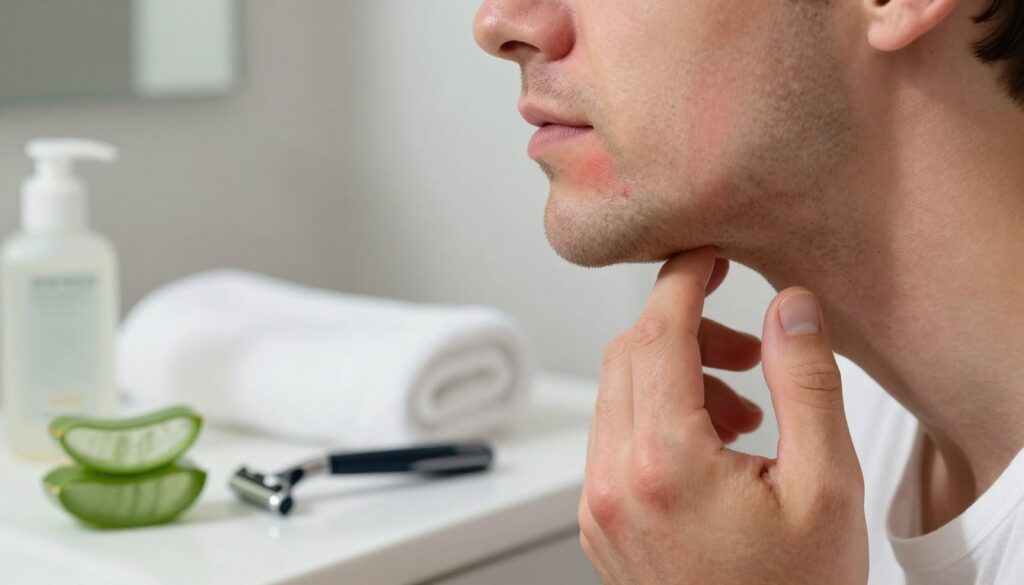 A close-up image depicting a man with mild irritation on his chin after shaving, showing redness and slight inflammation. In the foreground, focus on the skin with a subtle glow to emphasize the irritation, complemented by soothing skincare products like aloe vera gel, aftershave balm, and a gentle razor. The middle ground features a clean bathroom counter with a modern razor and a fresh towel, creating a serene atmosphere. Soft, diffused lighting illuminates the scene, creating a calm and soothing effect, with an emphasis on self-care. The background is a softly blurred bathroom setting, enhancing the focus on the skin care routine. The overall mood is peaceful, conveying a sense of relief and healing.