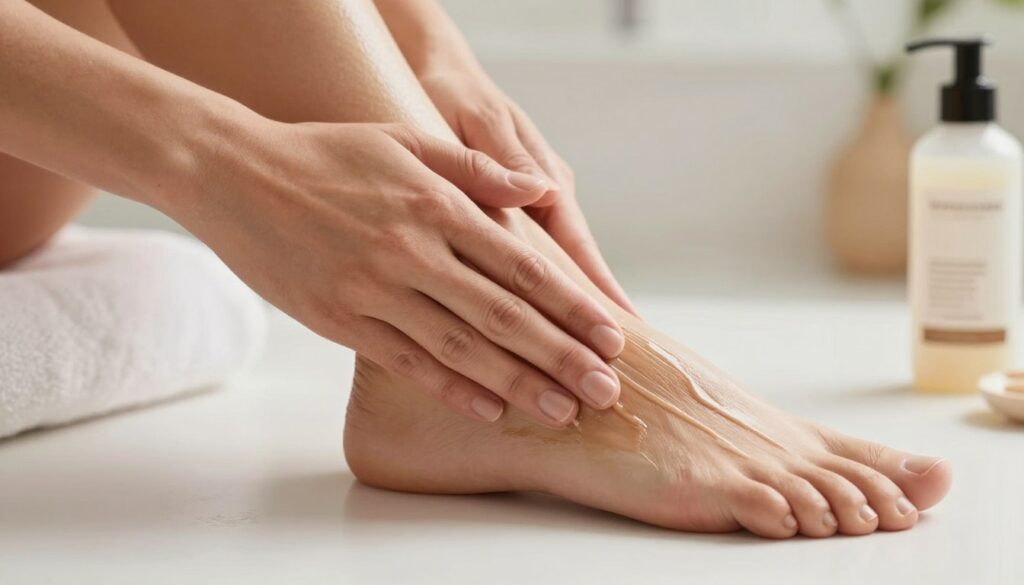 A close-up image depicting hands and feet applying self-tanner for an even tan. Focus on a pair of hands gently massaging the product into the top of a foot, showcasing the careful technique required for an even application. The background should blur slightly to emphasize the action, with soft natural light illuminating the skin tones, hinting at a warm, inviting atmosphere. Use a shallow depth of field to keep the focus on the hands and feet while providing context with hints of a well-organized bathroom setting, including a complimentary towel and an opened bottle of self-tanner nearby. The mood should be calm, encouraging self-care and attention to detail in personal grooming.