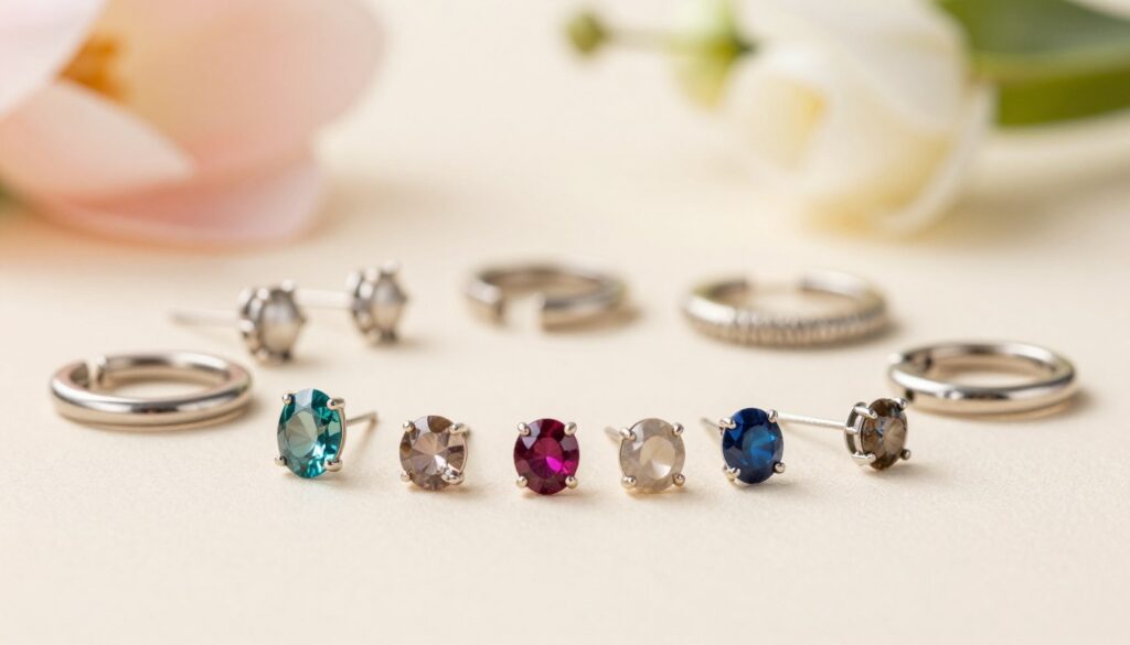 A close-up image featuring an elegant selection of nose jewelry made from various materials, presented on a clean, softly lit surface. In the foreground, display a variety of studs and hoops crafted from biocompatible metals like titanium and surgical steel, alongside vibrant gemstone options. The middle layer includes a subtle array of different textures, showcasing the smooth finish of polished metals and the natural beauty of gemstones. The background features a blurred, serene setting suggesting an airy, calming atmosphere, perhaps with soft pastel colors or natural elements like flowers. The lighting should be bright yet soft, creating a warm and inviting mood, to emphasize the quality and aesthetics of the jewelry without distractions. A close-up image featuring an elegant selection of nose jewelry made from various materials, presented on a clean, softly lit surface. In the foreground, display a variety of studs and hoops crafted from biocompatible metals like titanium and surgical steel, alongside vibrant gemstone options. The middle layer includes a subtle array of different textures, showcasing the smooth finish of polished metals and the natural beauty of gemstones. The background features a blurred, serene setting suggesting an airy, calming atmosphere, perhaps with soft pastel colors or natural elements like flowers. The lighting should be bright yet soft, creating a warm and inviting mood, to emphasize the quality and aesthetics of the jewelry without distractions.