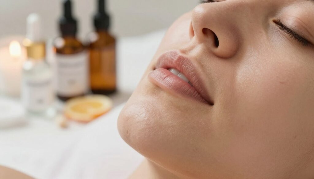 A close-up image focusing on the area around the mouth, emphasizing fine lines and wrinkles commonly seen in smokers. The foreground captures soft, smooth skin with visible texture differences, showcasing the contrast between well-nourished areas and those needing care. In the middle ground, a selection of active ingredients such as hyaluronic acid, vitamin C, and peptides is artistically arranged, symbolizing their role in skincare. The background features a serene, softly blurred spa setting, bathed in gentle, warm light to evoke a sense of calm and rejuvenation. The angle is slightly from above, creating an intimate yet informative feel, ideal for illustrating the importance of active ingredients in anti-wrinkle care. The overall mood is professional and soothing, inspiring hope for improvement in skin elasticity. A close-up image focusing on the area around the mouth, emphasizing fine lines and wrinkles commonly seen in smokers. The foreground captures soft, smooth skin with visible texture differences, showcasing the contrast between well-nourished areas and those needing care. In the middle ground, a selection of active ingredients such as hyaluronic acid, vitamin C, and peptides is artistically arranged, symbolizing their role in skincare. The background features a serene, softly blurred spa setting, bathed in gentle, warm light to evoke a sense of calm and rejuvenation. The angle is slightly from above, creating an intimate yet informative feel, ideal for illustrating the importance of active ingredients in anti-wrinkle care. The overall mood is professional and soothing, inspiring hope for improvement in skin elasticity.