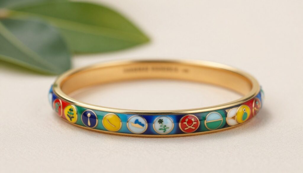 A close-up image of a colorful enameled bangle bracelet, showcasing its intricate details and vibrant hues. The bracelet should feature a smooth, shiny finish with various emblems reflecting a minimalist design, combining elegance with a playful touch. In the foreground, focus on the bracelet resting on a soft, neutral fabric, allowing the colors to pop. In the middle ground, slightly blurred leaves or soft fabrics can enhance the sense of everyday wearability without distracting from the bracelet itself. The background should have a subtle gradient, softly transitioning from light to pale tones, with natural diffused lighting illuminating the bracelet to highlight its brilliance. The overall mood should feel fresh, inviting, and perfect for casual, daily fashion. A close-up image of a colorful enameled bangle bracelet, showcasing its intricate details and vibrant hues. The bracelet should feature a smooth, shiny finish with various emblems reflecting a minimalist design, combining elegance with a playful touch. In the foreground, focus on the bracelet resting on a soft, neutral fabric, allowing the colors to pop. In the middle ground, slightly blurred leaves or soft fabrics can enhance the sense of everyday wearability without distracting from the bracelet itself. The background should have a subtle gradient, softly transitioning from light to pale tones, with natural diffused lighting illuminating the bracelet to highlight its brilliance. The overall mood should feel fresh, inviting, and perfect for casual, daily fashion.