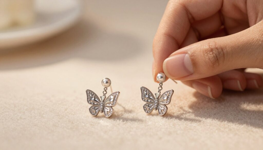 A close-up image of a delicate pair of butterfly-shaped earrings, featuring intricate designs and shimmering gemstones. The foreground showcases the earrings in exquisite detail, resting elegantly on a soft, plush fabric background. The middle layer displays a skillful hand attempting to gently remove one earring, illustrating a moment of careful handling. The background is softly blurred, emphasizing the focus on the earrings and the action taking place. The lighting is warm and inviting, creating a serene atmosphere, while the angle captures the intricacies of the jewelry and the technique involved in the removal process. The overall mood is calm and focused, suitable for a practical guide on overcoming obstacles in earring removal.