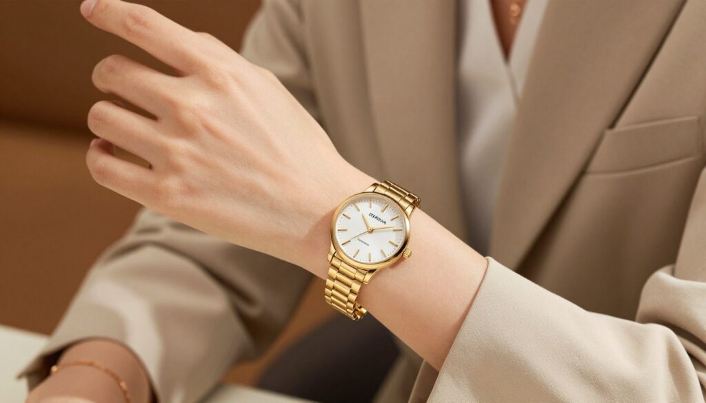 A close-up image of a luxurious women's gold watch featuring an elegant Geneva design. The watch has a polished gold stainless steel case, a delicate white dial with minimalist hour markers, and a slim gold bracelet. The foreground showcases the watch prominently, glimmering under soft, warm lighting that highlights its features. In the middle ground, a stylish hand elegantly rests beside the watch, adorned in a chic, business-casual outfit—perhaps a tailored blouse and subtle jewelry to complement the watch's sophistication. The background offers a softly blurred, upscale indoor setting, conveying a sense of timeless elegance and class. The overall mood is refined and inviting, emphasizing the watch as a quintessential accessory for both daily wear and elegant occasions. A close-up image of a luxurious women's gold watch featuring an elegant Geneva design. The watch has a polished gold stainless steel case, a delicate white dial with minimalist hour markers, and a slim gold bracelet. The foreground showcases the watch prominently, glimmering under soft, warm lighting that highlights its features. In the middle ground, a stylish hand elegantly rests beside the watch, adorned in a chic, business-casual outfit—perhaps a tailored blouse and subtle jewelry to complement the watch's sophistication. The background offers a softly blurred, upscale indoor setting, conveying a sense of timeless elegance and class. The overall mood is refined and inviting, emphasizing the watch as a quintessential accessory for both daily wear and elegant occasions.