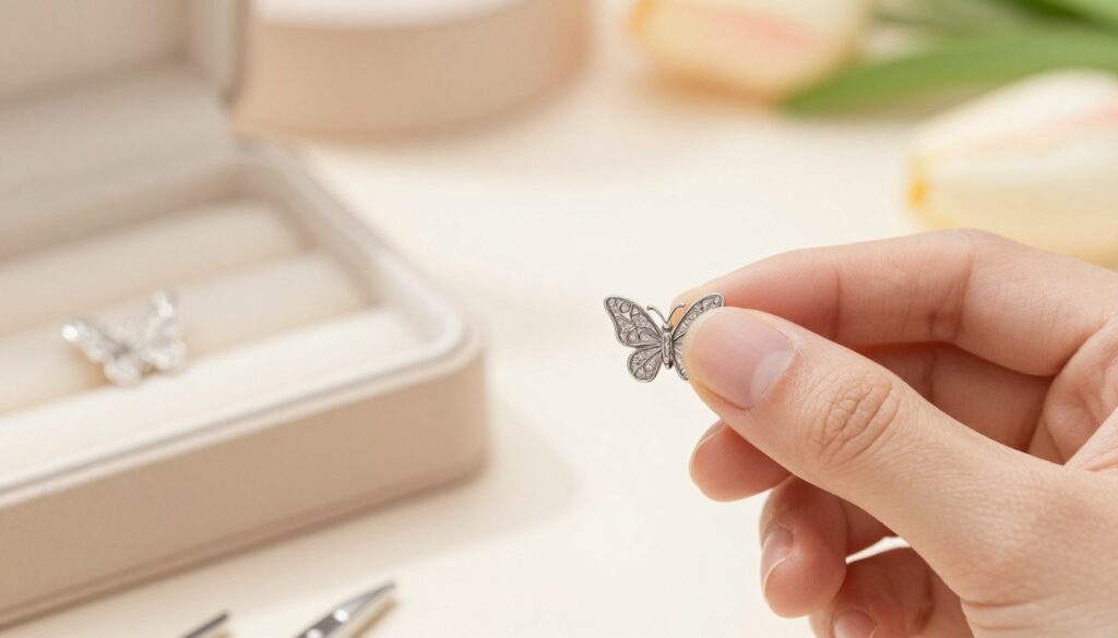 A close-up image of a pair of elegant earrings, featuring a butterfly design as the centerpiece. The earrings should be detailed with intricate patterns, showcasing a mix of silver and delicate gemstone accents. In the foreground, a hand gently holding one of the earrings, demonstrating careful handling. The middle section includes a soft-focus view of a clean, well-lit workspace, possibly a jewelry box or tools for removing earrings, hinting at the idea of seeking professional help. The background should be softly blurred, featuring subtle hints of a tranquil environment, such as a softly lit room. The lighting is warm and inviting, creating a mood of elegance and care. The image is framed to highlight the earrings and the act of handling them.