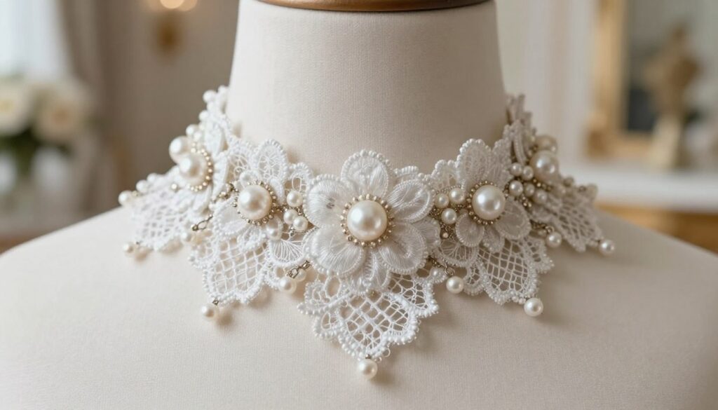 A close-up image of an elegant white choker necklace designed for special occasions. The choker features intricate floral lace and delicate pearl embellishments, capturing a luxurious and sophisticated aesthetic. In the foreground, soft natural light highlights the shimmering pearls and intricately woven lace of the necklace, contributing to an ethereal glow. The background is softly blurred with hints of a lavish, tastefully decorated room, suggesting a formal event atmosphere. A subtle bokeh effect adds depth, enhancing the mood of elegance and exclusivity. The overall composition evokes a sense of refinement and style, perfect for showcasing the necklace in a fashionable context. A close-up image of an elegant white choker necklace designed for special occasions. The choker features intricate floral lace and delicate pearl embellishments, capturing a luxurious and sophisticated aesthetic. In the foreground, soft natural light highlights the shimmering pearls and intricately woven lace of the necklace, contributing to an ethereal glow. The background is softly blurred with hints of a lavish, tastefully decorated room, suggesting a formal event atmosphere. A subtle bokeh effect adds depth, enhancing the mood of elegance and exclusivity. The overall composition evokes a sense of refinement and style, perfect for showcasing the necklace in a fashionable context.