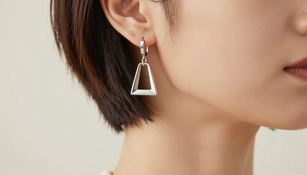 A close-up image showcasing a pair of chic geometric earrings designed for short hairstyles, specifically bob cuts. The earrings should have a modern aesthetic, featuring sharp angles and clean lines, in a polished metallic finish with subtle reflections. Set against a softly blurred light pastel background to enhance the elegance of the earrings and draw attention to their intricate design. Use soft lighting to create a warm, inviting atmosphere, illuminating the earrings from a slight above angle to highlight their geometry and textures. The mood should be sophisticated yet approachable, ideal for showcasing how accessories complement the neck and facial features of individuals with short hair. A close-up image showcasing a pair of chic geometric earrings designed for short hairstyles, specifically bob cuts. The earrings should have a modern aesthetic, featuring sharp angles and clean lines, in a polished metallic finish with subtle reflections. Set against a softly blurred light pastel background to enhance the elegance of the earrings and draw attention to their intricate design. Use soft lighting to create a warm, inviting atmosphere, illuminating the earrings from a slight above angle to highlight their geometry and textures. The mood should be sophisticated yet approachable, ideal for showcasing how accessories complement the neck and facial features of individuals with short hair.