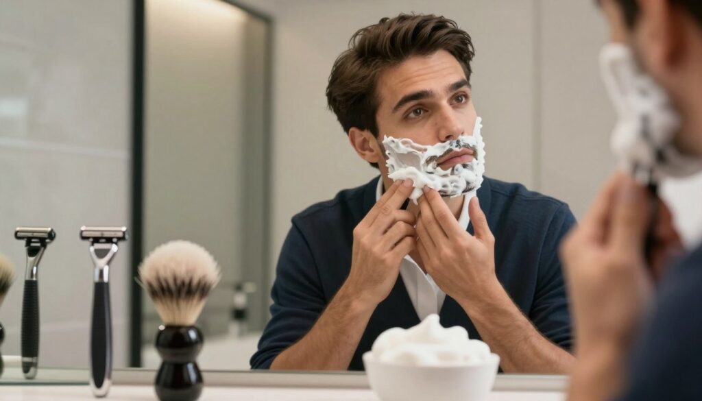 A close-up image showcasing various techniques of shaving to emphasize skin comfort and beard regrowth appearance. In the foreground, display a sleek razor and a traditional shaving brush beside a bowl of creamy shaving foam. The middle ground features a well-groomed gentleman applying shaving cream with a steady hand, dressed in professional attire, ensuring a clean and refined look. A well-lit bathroom setting serves as the background, featuring a large mirror and soft, warm lighting to create an inviting atmosphere. Include subtle reflections in the mirror to highlight the shaving process, while maintaining a calm and focused mood. Emphasize details like the texture of the foam and the gentleman's determined expression to enhance the overall impact of skin care and grooming techniques. A close-up image showcasing various techniques of shaving to emphasize skin comfort and beard regrowth appearance. In the foreground, display a sleek razor and a traditional shaving brush beside a bowl of creamy shaving foam. The middle ground features a well-groomed gentleman applying shaving cream with a steady hand, dressed in professional attire, ensuring a clean and refined look. A well-lit bathroom setting serves as the background, featuring a large mirror and soft, warm lighting to create an inviting atmosphere. Include subtle reflections in the mirror to highlight the shaving process, while maintaining a calm and focused mood. Emphasize details like the texture of the foam and the gentleman's determined expression to enhance the overall impact of skin care and grooming techniques.