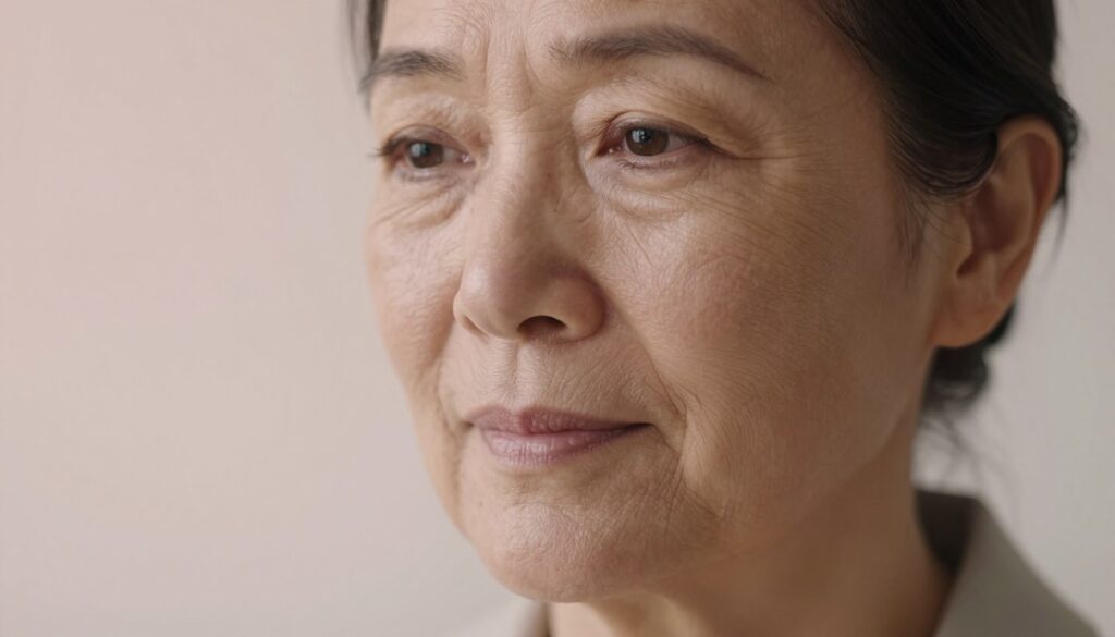 A close-up of a mature woman's face, highlighting fine facial expression wrinkles, known as mimic wrinkles, around her eyes and mouth. She is wearing modest casual clothing and has a neutral, thoughtful expression. The foreground focuses on her skin texture, with soft, diffused lighting accentuating the delicate lines and creating a gentle, natural glow. In the middle ground, a blurred soft-focus gradient transitions to a soothing pastel background, emphasizing a calm and serene atmosphere. The angle is slightly above eye level to showcase the contours of her face and the depth of the wrinkles. Overall, the image conveys a sense of elegance and introspection, appropriate for a skincare article discussing facial wrinkles. A close-up of a mature woman's face, highlighting fine facial expression wrinkles, known as mimic wrinkles, around her eyes and mouth. She is wearing modest casual clothing and has a neutral, thoughtful expression. The foreground focuses on her skin texture, with soft, diffused lighting accentuating the delicate lines and creating a gentle, natural glow. In the middle ground, a blurred soft-focus gradient transitions to a soothing pastel background, emphasizing a calm and serene atmosphere. The angle is slightly above eye level to showcase the contours of her face and the depth of the wrinkles. Overall, the image conveys a sense of elegance and introspection, appropriate for a skincare article discussing facial wrinkles.