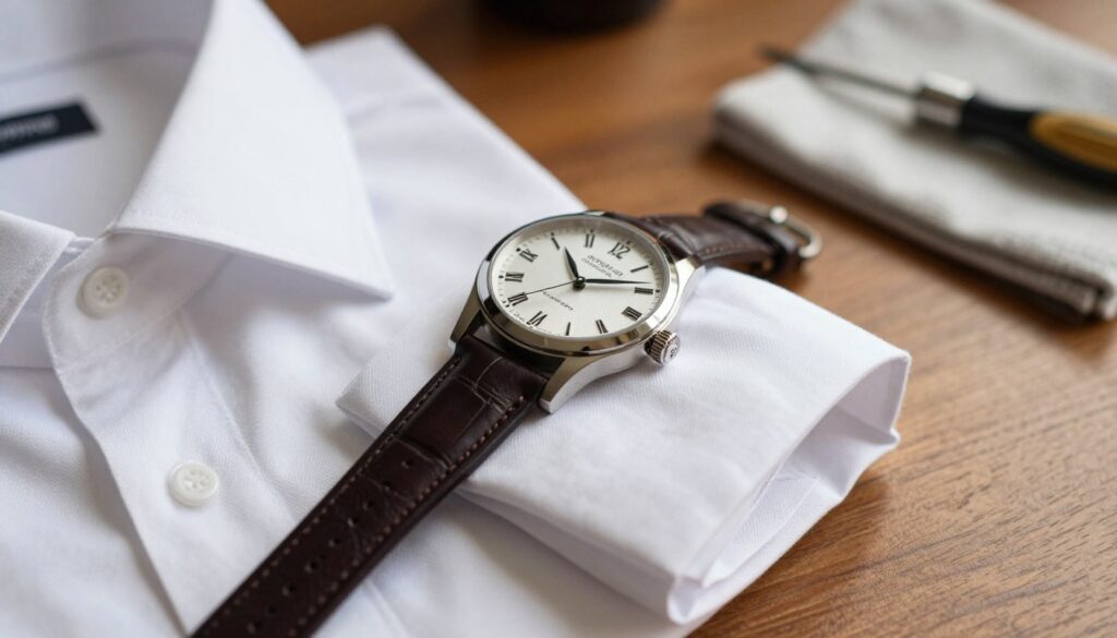 A close-up of a meticulously maintained wristwatch resting on an elegant, crisp white dress shirt. The watch features a classic design with a polished stainless steel case, a dark leather strap, and intricate details on the dial showing precise craftsmanship. The shirt is displayed with the cuff slightly rolled back to emphasize the watch, capturing the harmony between the two. Soft, diffused natural lighting enhances the textures of the fabric and metal, creating a warm and inviting atmosphere. In the blurred background, a wooden desk holds watch maintenance tools like a cleaning cloth and a small screwdriver, subtly hinting at the importance of care and detail in timepiece maintenance. The overall mood is refined and sophisticated, showcasing the beauty of attention to detail.