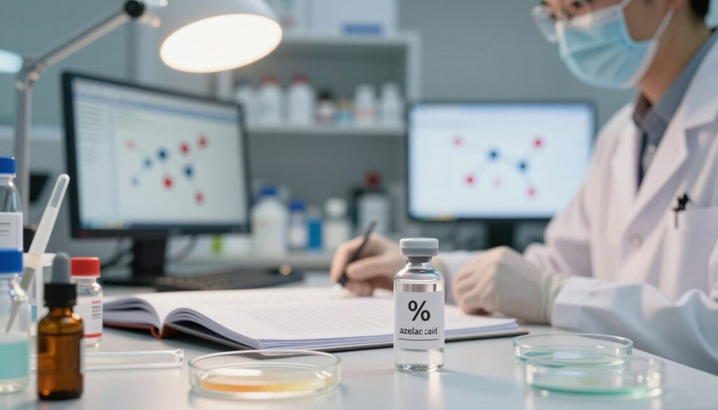 A close-up of a professional setting showcasing a scientist in a lab coat analyzing a variety of skincare products with azelaic acid, highlighting different concentrations. In the foreground, a clear glass vial labeled with the percentage of azelaic acid stands prominently, surrounded by lab equipment like pipettes and petri dishes. In the middle ground, a soft-focus view of open skincare manuals lies next to a computer displaying molecular structures related to azelaic acid. The background features shelves filled with neatly organized skincare ingredients and bright laboratory lights illuminating the scene. The atmosphere is clinical yet inviting, with a warm glow, suggesting careful study and professional diligence in selecting the right azelaic acid concentration. A close-up of a professional setting showcasing a scientist in a lab coat analyzing a variety of skincare products with azelaic acid, highlighting different concentrations. In the foreground, a clear glass vial labeled with the percentage of azelaic acid stands prominently, surrounded by lab equipment like pipettes and petri dishes. In the middle ground, a soft-focus view of open skincare manuals lies next to a computer displaying molecular structures related to azelaic acid. The background features shelves filled with neatly organized skincare ingredients and bright laboratory lights illuminating the scene. The atmosphere is clinical yet inviting, with a warm glow, suggesting careful study and professional diligence in selecting the right azelaic acid concentration.