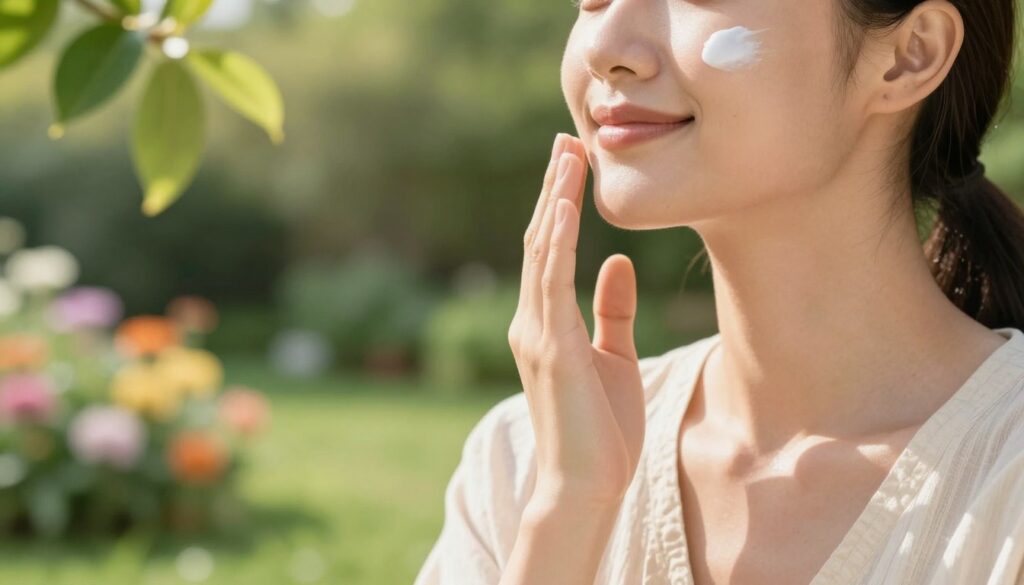 A close-up of a woman applying sunscreen to her face, showcasing a radiant, healthy complexion. She is in a bright, well-lit outdoor setting, surrounded by lush greenery, signifying a connection to nature. The foregound highlights her hand gently spreading a creamy sunscreen on her cheek, emphasizing the importance of sun protection. In the middle ground, soft sunlight filters through the leaves, creating a warm and inviting atmosphere. The background features a tranquil garden with blurred colorful flowers, reinforcing the idea of skin care and wellness. The woman is wearing a light, modest casual outfit, and her expression is serene and content, reflecting the significance of caring for her skin. A close-up of a woman applying sunscreen to her face, showcasing a radiant, healthy complexion. She is in a bright, well-lit outdoor setting, surrounded by lush greenery, signifying a connection to nature. The foregound highlights her hand gently spreading a creamy sunscreen on her cheek, emphasizing the importance of sun protection. In the middle ground, soft sunlight filters through the leaves, creating a warm and inviting atmosphere. The background features a tranquil garden with blurred colorful flowers, reinforcing the idea of skin care and wellness. The woman is wearing a light, modest casual outfit, and her expression is serene and content, reflecting the significance of caring for her skin.
